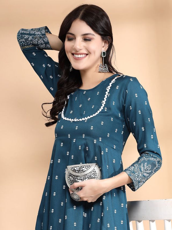 Largish Rayon Pigment print Teal blue Anarkali full maxi Dress