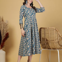 Largish Elegant Turquoise Floral Anarkali Midi Dress