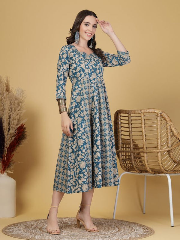 Largish Elegant Turquoise Floral Anarkali Midi Dress
