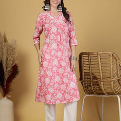 Largish Women's Pink Floral Print Cotton A-Line V-Neck Kurta