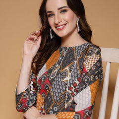 Largish Women's Multicolor Jaipuri Print Cotton Straight Kurta