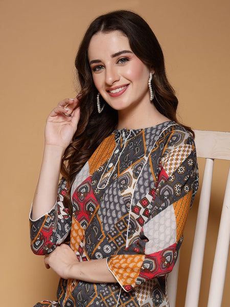 Largish Women's Multicolor Jaipuri Print Cotton Straight Kurta