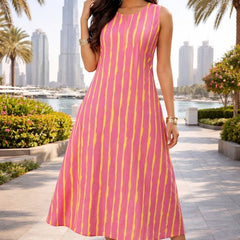 Largish Stylish women’s Peach and Yellow striped A-line Premium Cotton dress