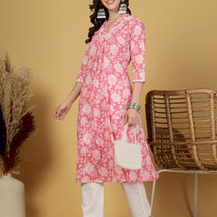 Largish Women's Pink Floral Print Cotton A-Line V-Neck Kurta