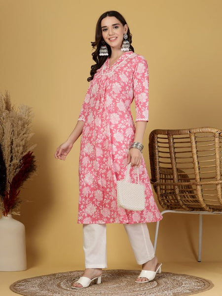 Largish Women's Pink Floral Print Cotton A-Line V-Neck Kurta
