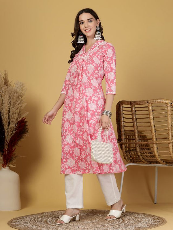Largish Women's Pink Floral Print Cotton A-Line V-Neck Kurta