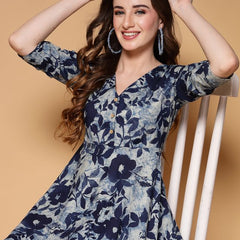 Largish Women's Blue Printed Cotton Umbrella Cut Flared Dress