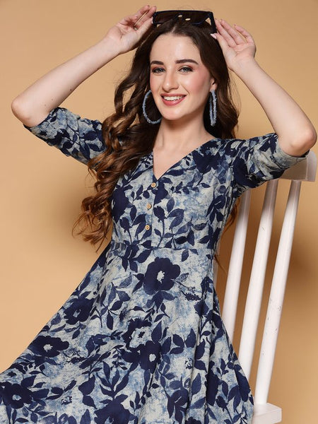 Largish Women's Blue Printed Cotton Umbrella Cut Flared Dress