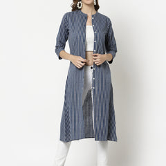 Largish Cotton Blue Self Design Calf Length, A-Line Shrug