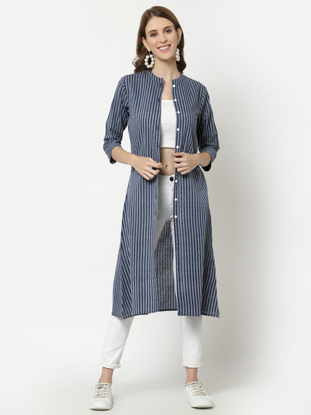 Largish Cotton Blue Self Design Calf Length, A-Line Shrug