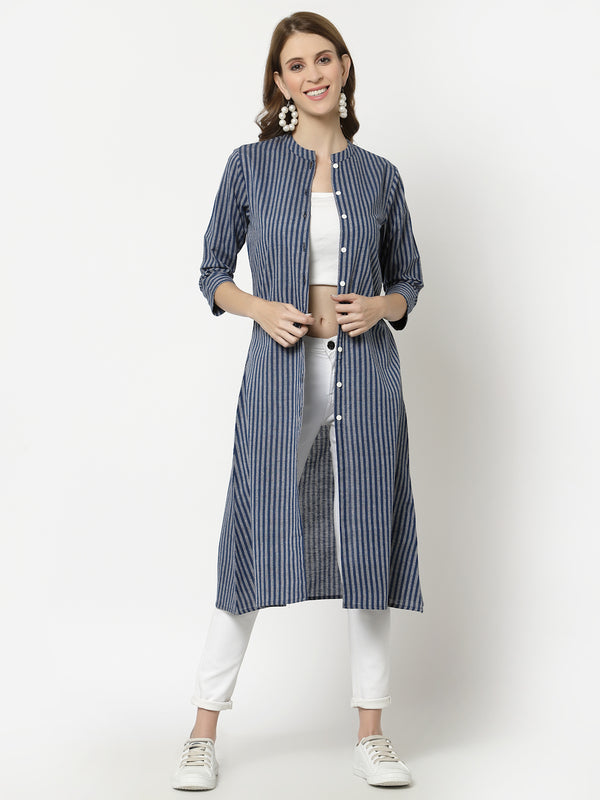 Largish Cotton Blue Self Design Calf Length, A-Line Shrug
