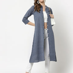 Largish Cotton Blue Self Design Calf Length, A-Line Shrug