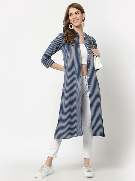 Largish Cotton Blue Self Design Calf Length, A-Line Shrug