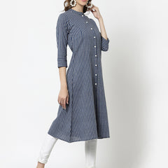 Largish Cotton Blue Self Design Calf Length, A-Line Shrug