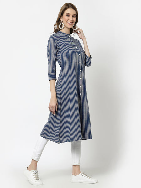 Largish Cotton Blue Self Design Calf Length, A-Line Shrug