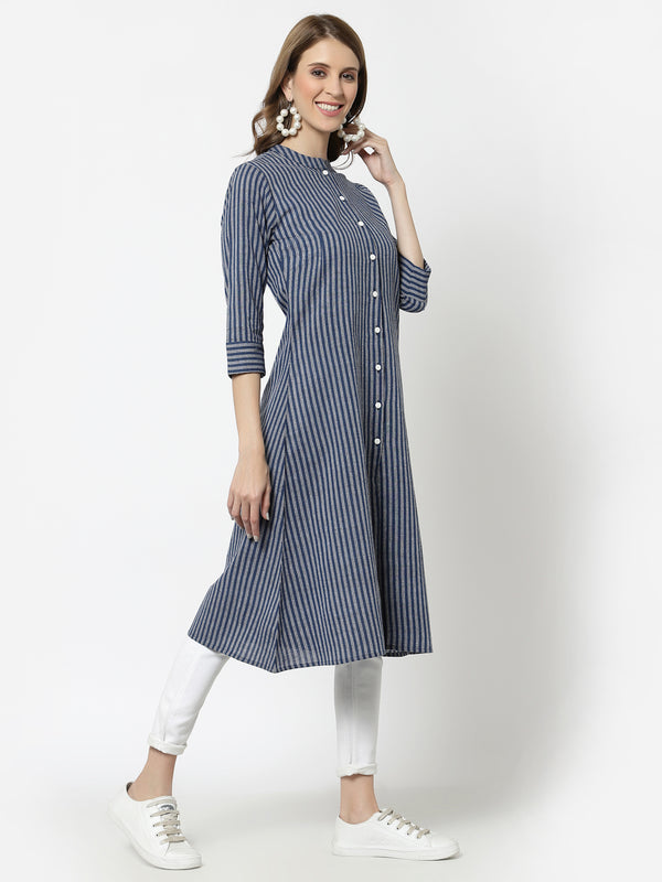 Largish Cotton Blue Self Design Calf Length, A-Line Shrug