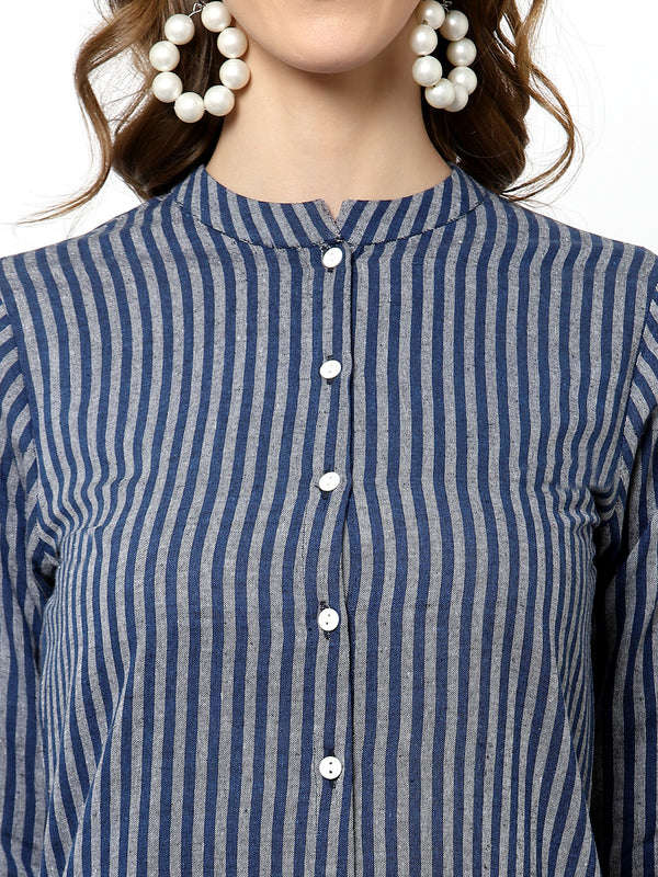 Largish Cotton Blue Self Design Calf Length, A-Line Shrug