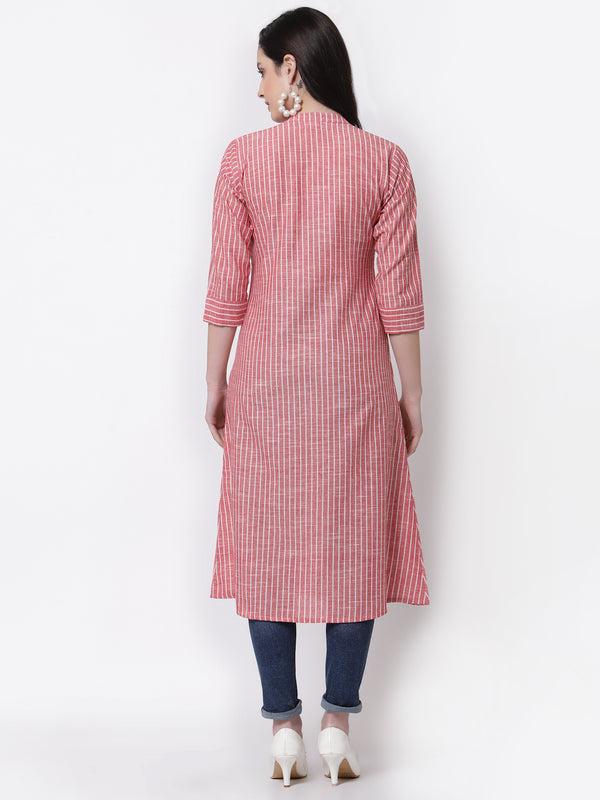 Largish Cotton Red Self Design Calf Length, A-Line Shrug