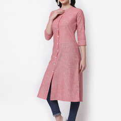 Largish Cotton Red Self Design Calf Length, A-Line Shrug