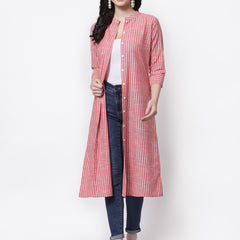 Largish Cotton Red Self Design Calf Length, A-Line Shrug