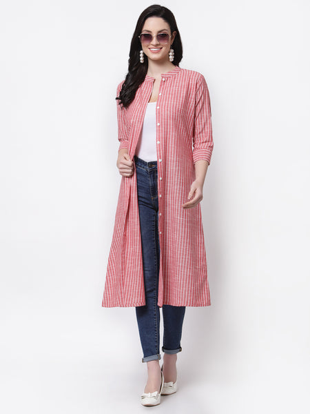 Largish Cotton Red Self Design Calf Length, A-Line Shrug