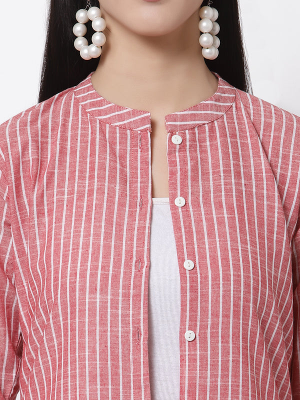 Largish Cotton Red Self Design Calf Length, A-Line Shrug