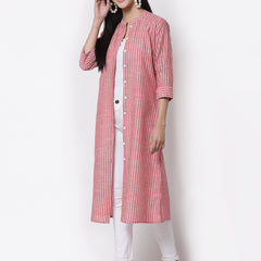 Largish Cotton Red Self Design Calf Length, A-Line Shrug