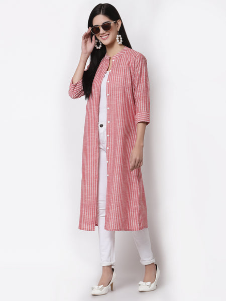 Largish Cotton Red Self Design Calf Length, A-Line Shrug