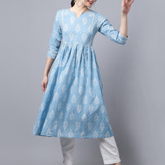 Largish Cotton Blue Booti Print Kurta
