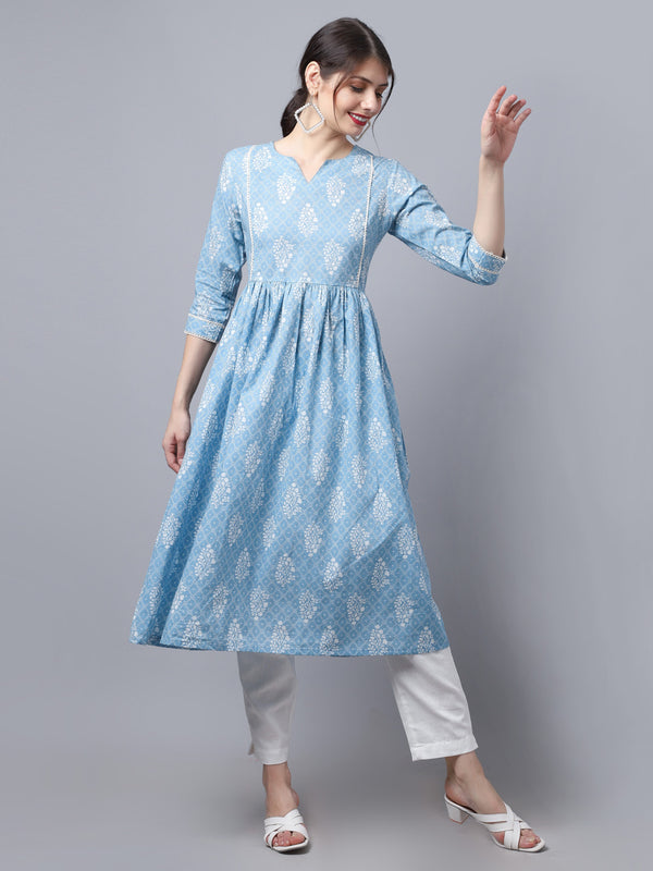 Largish Cotton Blue Booti Print Kurta
