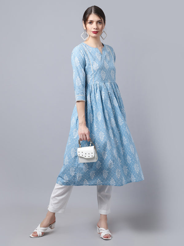 Largish Cotton Blue Booti Print Kurta