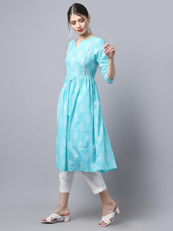 Largish Cotton Firozi Booti Print Kurta