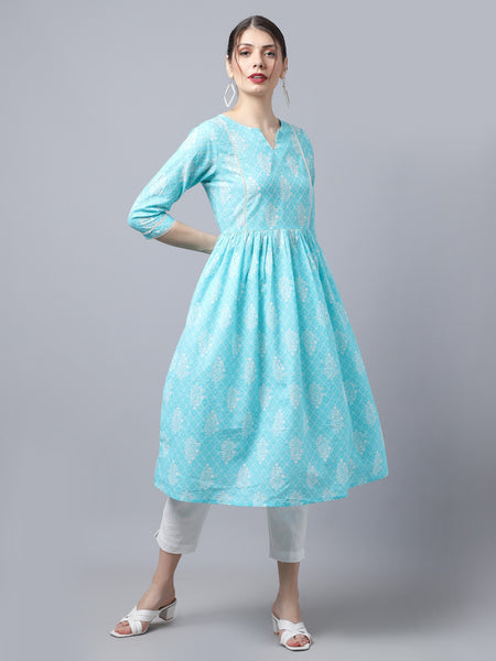 Largish Cotton Firozi Booti Print Kurta