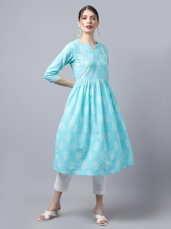 Largish Cotton Firozi Booti Print Kurta