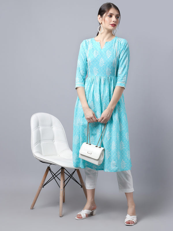 Largish Cotton Firozi Booti Print Kurta