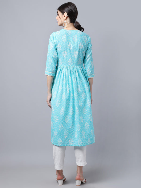 Largish Cotton Firozi Booti Print Kurta