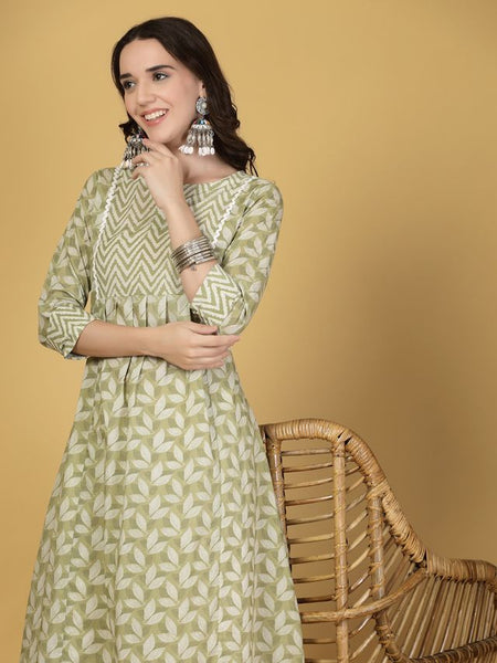 Largish Women's Light Green Floral Print Cotton A-Line Kurta