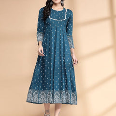 Largish Rayon Pigment print Teal blue Anarkali full maxi Dress
