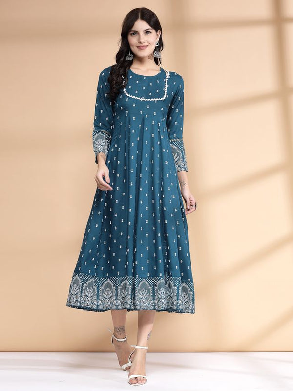 Largish Rayon Pigment print Teal blue Anarkali full maxi Dress