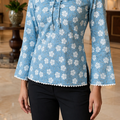 Gen Z inspired Powder Blue floral bell sleeve fitted Kurti with square neck and lace trim.