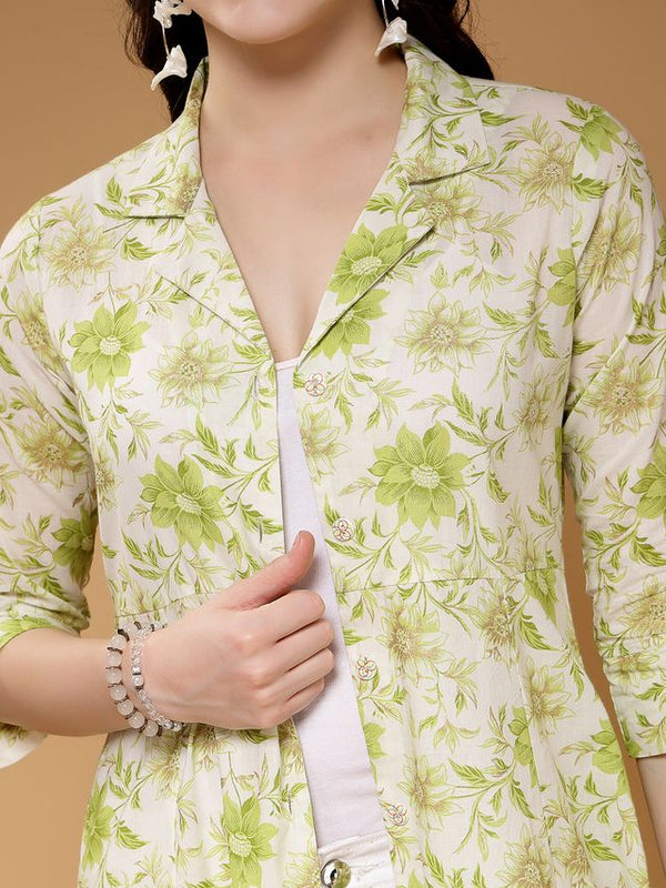 Largish Light Green Floral Print Cotton Coat Collar Shrug