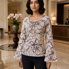 Gen Z inspired Beige floral bell sleeve fitted Kurti with square neck and lace trim.