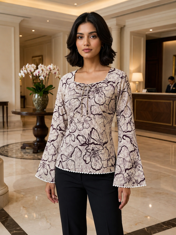 Gen Z inspired Beige floral bell sleeve fitted Kurti with square neck and lace trim.