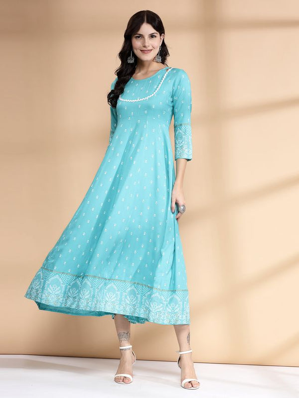 Largish Rayon Pigment print Sky blue Anarkali full maxi Dress