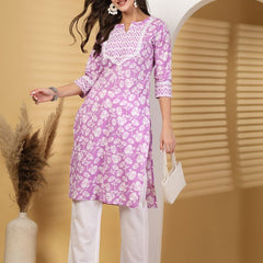 Largish Lavender Blossom Printed Cotton Kurta with Chevron Yoke