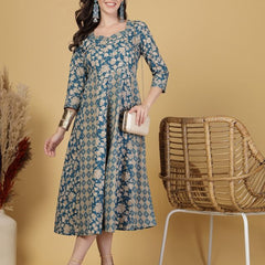 Largish Elegant Turquoise Floral Anarkali Midi Dress