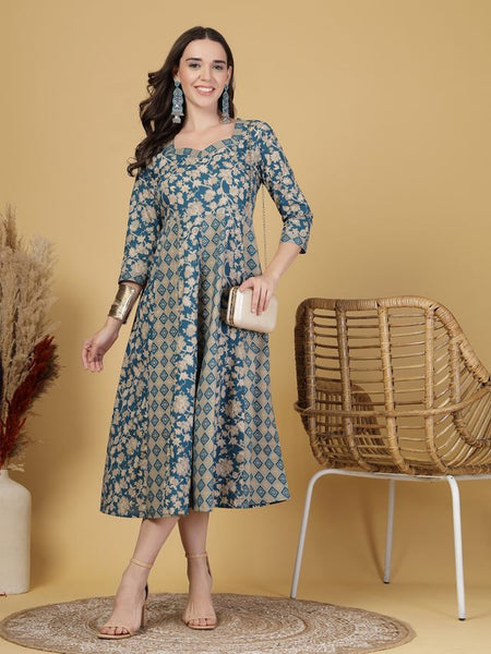 Largish Elegant Turquoise Floral Anarkali Midi Dress