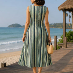 Largish Stylish women’s Green striped A-line Premium Cotton dress