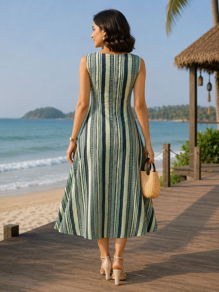 Largish Stylish women’s Green striped A-line Premium Cotton dress