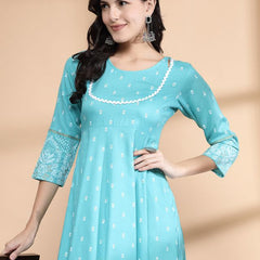 Largish Rayon Pigment print Sky blue Anarkali full maxi Dress